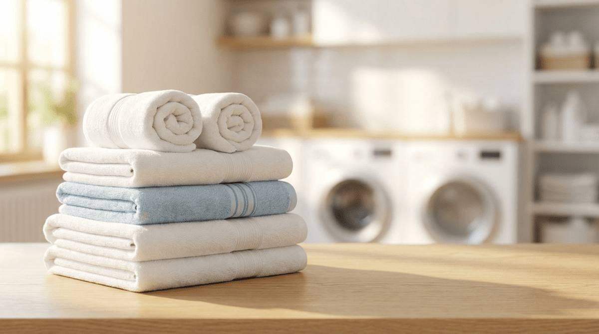 Folded white bath towels and sheets in front of commercial washers